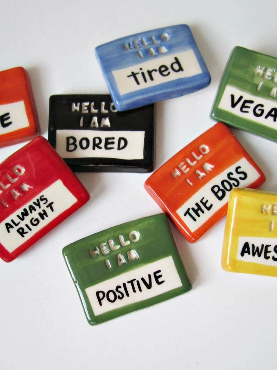 Personalised 'Hello I Am' Ceramic Badge by Bear In Mind Design. Photo via [Holly.co](https://holly.co/)